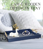 SXNOWS Coffee Table Tray - Large Ottoman Tray for Living Room - Wood Serving Tray with 2 Sets of Handles - Wooden Trays for Coffee Tables, 4 Round Coasters Included, Deep Blue - color: Navy Blue