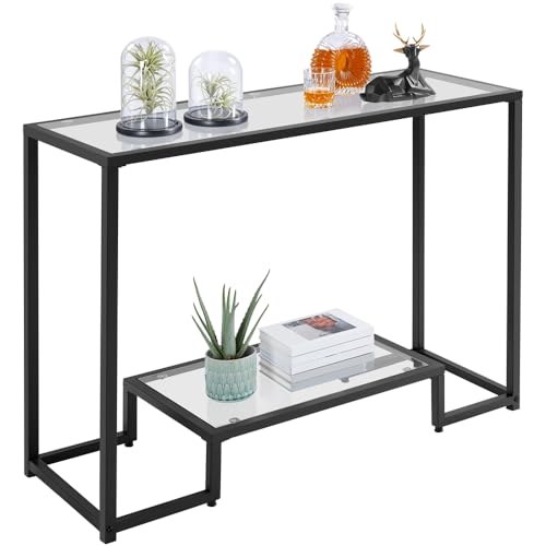 Yaheetech 42 Inch Console Table, Tempered Glass Entryway Table, 2-Tier Sofa Tables with Storage Shelves, Entrance Tables for Hallway Living Room, Black - color: Black