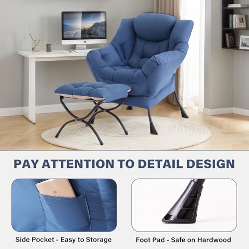 Tiita Lazy Chair with Ottoman, Blue Modern Large Accent Chair, Comfy Leisure Sofa Armchair with Ottoman, Reading Chair with Footrest for Bedroom, Living Room, Dorm Rooms, Blue - color: Blue