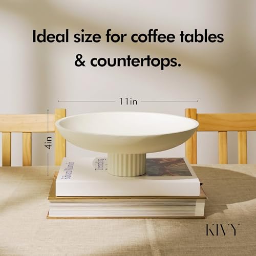 KIVY Concrete Fruit Bowl for Kitchen Counter - Large Decorative Pedestal Bowl for Home Decor - Modern Key Bowl for Entryway Table - White - color: Cream, style: Ribbed