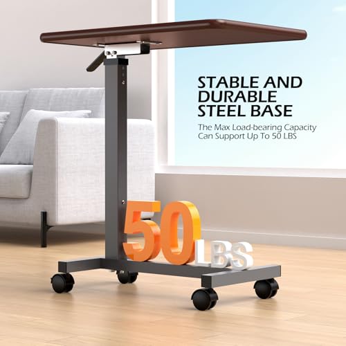 WOTURE Adjustable Overbed Table with Wheels, Pneumatic Height Adjustment, Ideal for Hospital Use or At Home as Bed Tray, Standing Desk, Bedridden & Mobility Needs, Walnut - color: Walnut