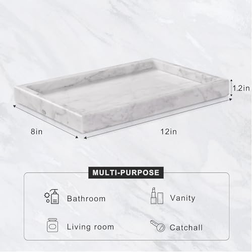Marble Bathroom Tray for Countertop & Home Decor, Natural Decorative Marble Tray for Jewelry & Perfume Organizer, Luxury Stone Vanity Trays for Dresser, Kitchen Counter, 12" x 8", White - color: White