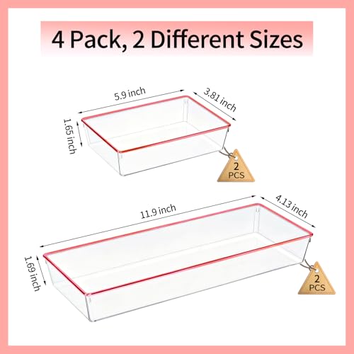 4 Pack Large Size Clear Stackable Drawer Organizer Trays, Rose Gold Rim Makeup Drawer Storage Tray Divider, Desk Storage for Makeup, Jewelry, Bathroom, Stationary, Kitchen Utensils and Office Desk - color: Rose Gold, size: 4 PACK