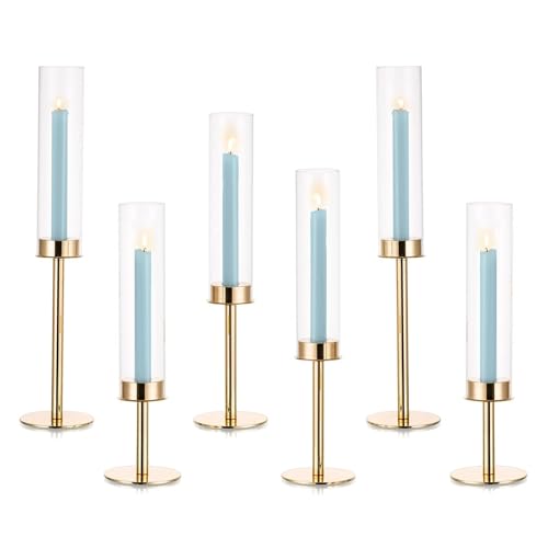 Hurricane Taper Candle Holders: Gold Glass Candlestick Holder Tall Candle Sticks Holder Decor with Glass Cover for Wedding Table Centerpiece Party Birthday Christmas Home Mantel Set of 6 - color: Gold, size: 2 Sets(6 Pcs)