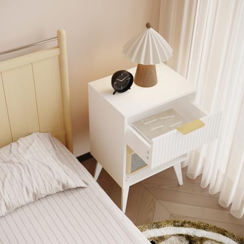 YAUKOMEL Fluted Night Stand with Opening Storage,Mid Century Bedside Table with Drawer,Modern Nightstand with Solid Wood Legs,End Table Side Table for Living Room,Bedroom,White CTG56W - color: White