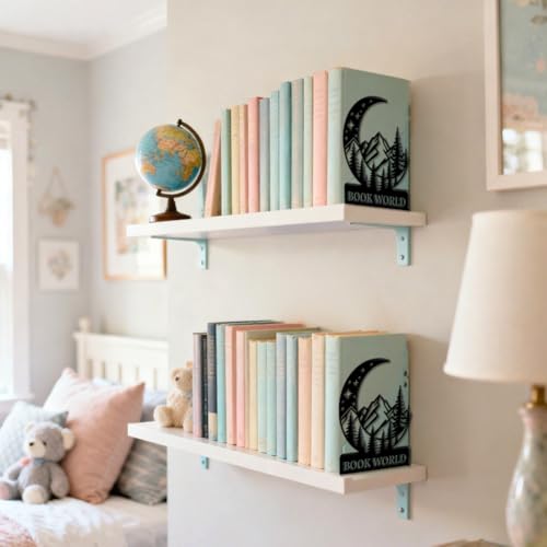 Peacoblue Metal Bookends for Shelves, Modern Decorative Heavy Duty Study Book Ends Stoppers for Office Desk Shelf Room 5.3"x4.3"x6.3" Cast Iron Simple Bookends 1 Pair (Mountain and Forest with Moon) - style: Mountain and Forest with Moon