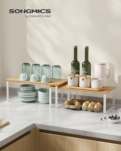 SONGMICS Cabinet Organizer Shelf, Set of 2 Kitchen Counter Shelves, Kitchen Storage, Spice Rack, Stackable, Expandable, Metal and Engineered Wood, Cloud White and Natural Beige UKCS200W01 - color: Cloud White + Natural Beige, size: 15.6"W