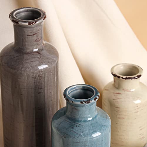 CUCUMI Ceramic Vases Set of 3, Rustic Coastal Vases Home Decor, Farmhouse Flower Vases Decor for Shelves, Ocean Beach Style, Mantle, Fireplace, Coffee Table, Shelf Decorations - color: 3pcs-a-morandi