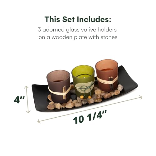 Dawhud Direct Decorative Votive Candle Holders, Vintage Decor Flameless Candlescape Set, 3 LED Tea Light Candles, Rocks and Tray - Fall Table Decor (Earth Tones) - size: Natural Earth Tone