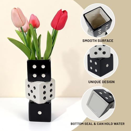 Tnstbiee Triple Dice Ceramic Vase – Elegant Black & White Decorative Vase for Home & Bar, Perfect for Flowers | Unique Centerpiece for Dining Table, Coffee Table & Entryway | Stylish Decor for Kitchen - color: Black and White Dice Vase