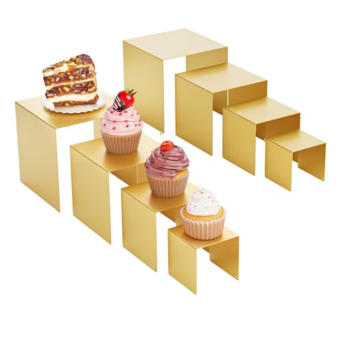 Matte Metal Display Stand, 8 Pcs 2 Set Display Risers for Display, Metal Rectangular Display Shelf Holders for Showcase, Dessert, Perfume, Vendor Events, Cupcake Stands, Toys Display Shelves ( Gold, 3''x4''x5"x6" ) - color: Gold, size: 3''x4''x5"x6"