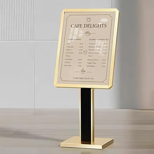Sign holder floor stand,Heavy-Duty Pedestal poster stand for display,21×29 inch Adjustable Aluminum Menu Stand for Restaurant(Gold) - color: Gold