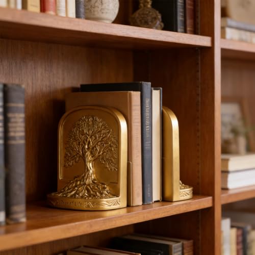 Tree of Life Bookends, Gold Resin Decorative Bookends for Shelves, Antique Style Book Ends Vintage Rustic Bookend, Heavy Bookends for Large Books, Sturdy Bookend Gift for Men Home Office - color: Gold