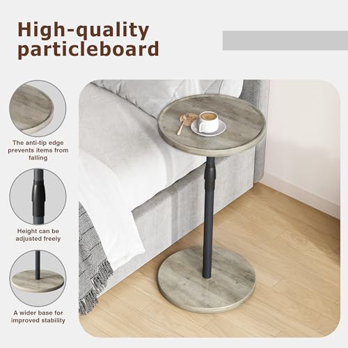 Adjustable End Table, Small Round Side Table, Drink Table for Small Spaces, Pedestal Nightstand for Living Room, Bedroom, Sofa Couch, Oak ET-010QK - color: Oak