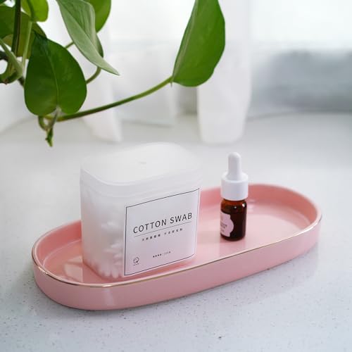 10x5 Bathroom Vanity Tray, Oval Ceramic Decorative Perfume Candle Tray for Bathroom/Kitchen Counter, Pink - color: Pink