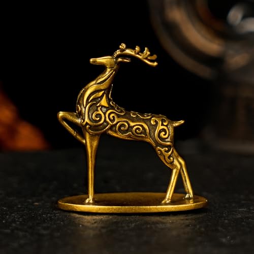Solid Brass Deer Figurine with Auspicious Cloud Patterns, Retro Desktop Decor, Collectible Figurines, Handcrafted Art Deco Sculpture for Office Desk, Home Decor, Lucky Symbol Ornament - style: Lucky Cloud Deer
