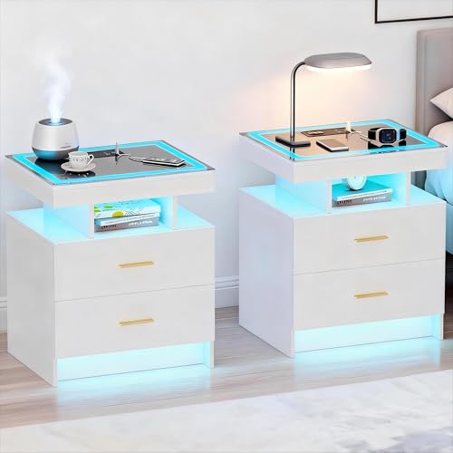 Smart LED Nightstand Set of 2 - with - Modern Night Stand with Wireless Charging Station, Glass Top Bedside Table with Drawers for Bedroom, Glossy End Table with Human Body Induction (White) - color: White X2 2 Drawers-glass Top