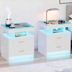 Smart LED Nightstand Set of 2 - with - Modern Night Stand with Wireless Charging Station, Glass Top Bedside Table with Drawers for Bedroom, Glossy End Table with Human Body Induction (White) - color: White X2 2 Drawers-glass Top