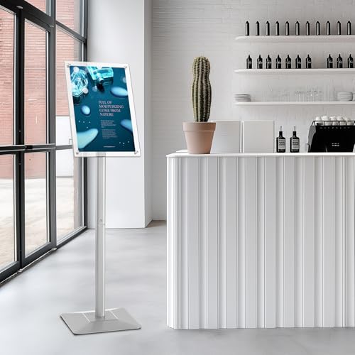 YIYO Sign Stand Poster Stand，adjustable heavy duty pedestal Sign Holder Floor Stand，acrylic frame floor signage standing for display menu 8.5*11 inch，Silver (acrylic frame 8.5*11 Silver)