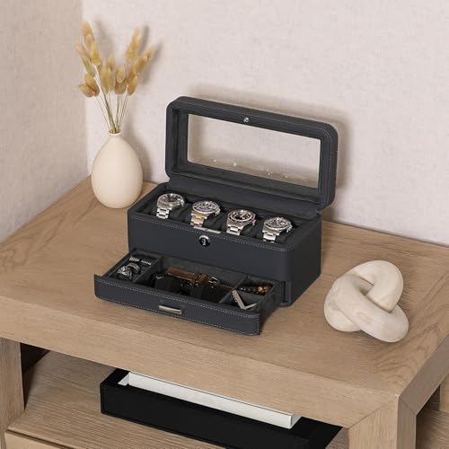 ROTHWELL 4 Slot Leather Watch Box with Valet Drawer - Luxury Case Display Jewelry Organizer, Locking Display Case Holder with Real Glass Top - Watch Box Organizer for Men & Women (Carbon) - color: Carbon