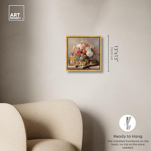 Art Remedy Cat Floral Vase Perfume Canvas Fashion Pet Art, Gold Frame, 12" x 12" - color: Gold Frame, size: 13"L x 13"W