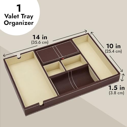 Juvale Rectangular Catchall Tray - 6-Compartment Nightstand Organizer - Polished Key Bowl - Portable Drawer Organizer - Brown Faux Leather - color: Brown