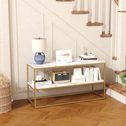 Function Home TV Stand for TVs up to 50 Inch, 2 Tier Entertainment Center, Modern TV Cabinet with Marble Top and Gold Metal Base, 42" Media Console Table with Storage for Living Room Bedroom - color: 42" Gold