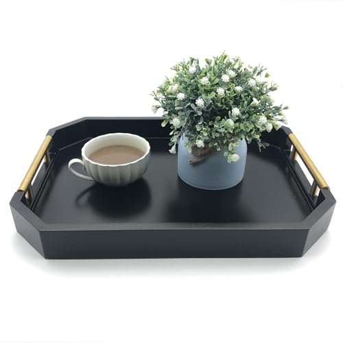 Serving Tray with Polished Metal Handles, Hexagon Coffee Table Tray, Modern Rectangle Decorative Tray, Large Ottoman Tray, Perfect for Storage and Display (Black Rectangle) - color: Black Rectangle