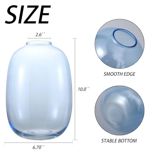Blue Glass Vase, Large Glass Vase for Flowers, Tall Flower Vases, Modern Round Vases for Living Room, Bedroom, Kitchen, Mantle, Shelf, Wedding, Office, Entryway, 10 Inches - color: Blue