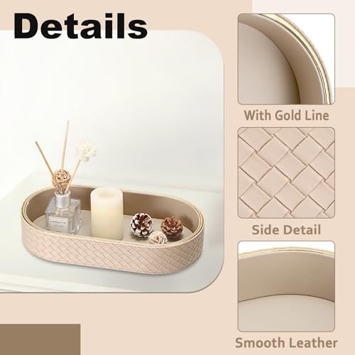 Hipiwe Perfume Trays PU Leather Vanity Tray for Dresser Bathroom Valet Trays Oval Desk Tray Jewelry Dish Holder Decorative Catchall Trays Nightstand Organizer, Beige - color: Beige