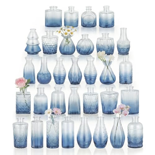 BEAHOT 32 Pack Blue Bud Vase in Bulk,Mini Vintage Glass Flower Vases for Centerpieces,Wedding Decor,Party & Home Decaration,Mother's Day (Blue-Gradient) - color: Blue