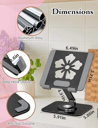Tablet Stand for iPad, 360° Rotating Aluminum Foldable Holder – Adjustable Desk Stand | Fits iPad Pro 12.9/11,Samsung Galaxy Tab – Portable for Home, Office & Travel,Black - color: Black