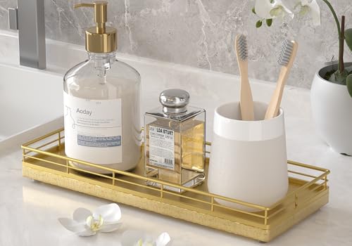Bathroom Tray for Counter, Oak Wooden 11.2" L Decorative Vanity Tray for Dresser Tops, Kitchen Countertop Organizer, Gold Brushing - color: All Golden, size: 11" x 4.3" x 1.5"
