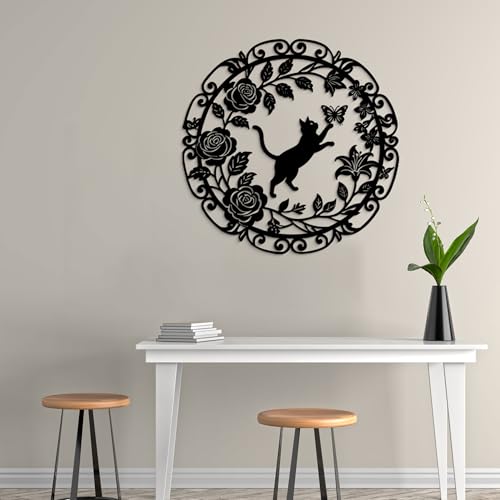 GlintHome Large Metal Cat Wall Art Decor Butterflies and Cats Black Wall Hanging Decor Silhouette for Home Bedroom Living Room Bathroom Kitchen Office Garden Wall Decoration - color: Black-2, size: Large