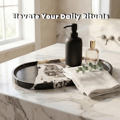 11.8 x 5.9 Inch Oval Black and White Natural Marble Tray for Bathroom Vanity, Solid Stone Perfume Organizer and Decorative Kitchen Countertop Trays