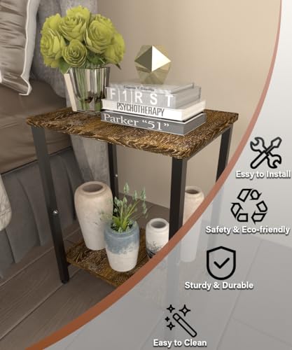 2 Tier Side Table, Heavy Duty End Table with Shelves, Narrow nightstand Table for Small Spaces, Record Player Table for Bedroom, Living Room, Sofa Couch - Rustic Brown & Black - color: Black, size: 2-Tier