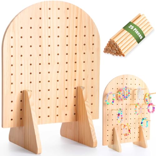 Colingmill 1 Set Keychain Display Stand Wooden Pegboard Display Stand with 25 Pcs Dowel Rods Oval Bracelet Organizer Holder for Jewelry, Craft Shows, Necklace, Selling, 15.75" x 11.81" (Wood) - color: Wood