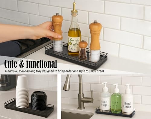 Bathroom Tray for Counter, Oak Wood 11" L Small Vanity Tray for Dresser Tops Perfume Jewelry Makeup Candle Soap Sponge Holder for Kitchen Countertop Organizer Coffee Table Decor Bar Black - color: Black, size: 11" x 4.3" x 1.5"