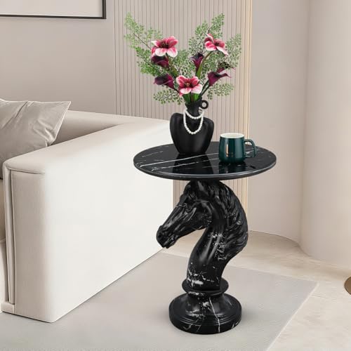 Sculptural Horse Side Table - End Table with Faux Marble Top Unique Horse Statue Decor for Living Room Bedroom Entryway Elegant Animal Sculpture Unique Horse Lover Gifts - color: Black Horse Base