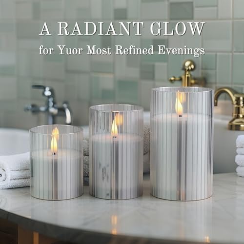 VENTA Flickering Flameless Candles With Remote Control - Led Candles Battery Operated - Battery Operated Candle For Decoration Table, Timer & Dimmer Features, Set - 3Pcs (4",5",6") (Grey Ribbed Glass) - color: Glass Grey Ribbed
