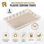 6 Pack Gold Glitter Plastic Serving Trays for Party, 9 x 13 Inch - Heavy Duty Plastic Gold Trays for Food - Rectangular Party Serving Platters - color: Gold Glitter