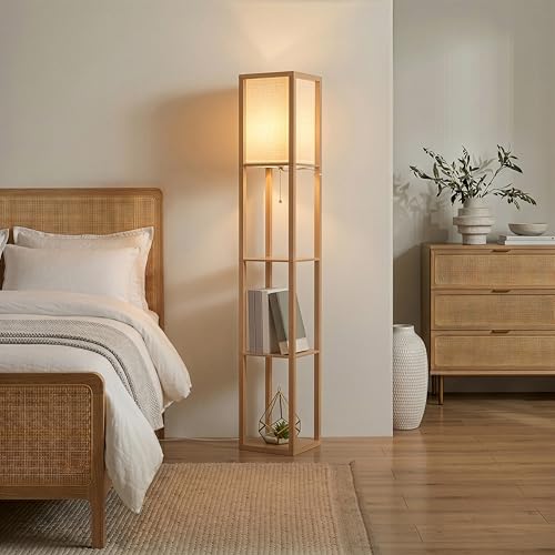 Brightech Maxwell - Modern Shelf Floor Lamp with Lamp Shade & Warm White LED Bulb, Corner Display Floor Lamp with Shelves for Living Room, Bedroom, Nightstand Office, Home Decor Storage - Natural Wood - color: Natural Wood