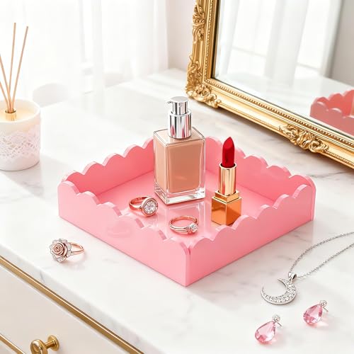 Acrylic Tray, Scalloped Glossy Pink Acrylic Decorative Tray for Home Decor, 8x8 Inch Acrylic Organizer Tray for Vanity Countertop Makeup Skincare Square Acrylic Storage Tray (Square Pink)
