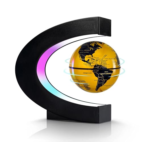 Flagest Magnetic Levitation Floating Globe, Levitating C Shape Golden Globe with LED Lights for Education Home Office Desk Decor, Holiday Anniversary Creative Gift(3.3 Inches) - color: Golden
