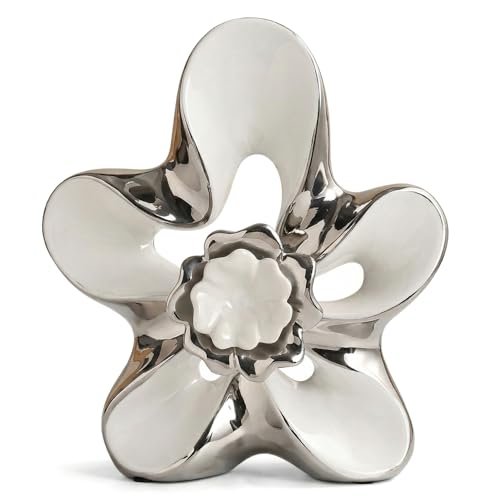 Ceramic Statue Home Decor Aesthetic Abstract Flower Sculpture Modern Decorative Statues for Living Room Bedroom Bookshelf Desktop Dinging Table Centerpiece Office(White and Silver) - color: White and Silver