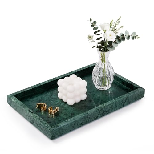 Marble Bathroom Tray for Countertop & Home Decor, Natural Decorative Marble Tray for Jewelry & Perfume Organizer, Luxury Stone Vanity Trays for Dresser, Kitchen Counter, 12" x 8", Green - color: Green