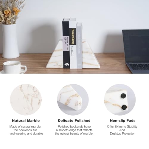 Karibiber Marble Bookends for Heavy Books, Calacatta Decorative Book Ends for Shelves, Unique and Heavy Bookends for Hardback Book & Cookbooks, Stone Book Stopper, Modern Book Holder,Set of 2 - color: Glden&white