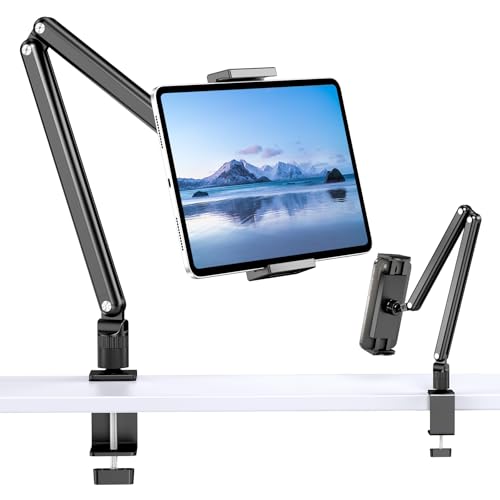 Tablet Stand Holder, Aluminum iPad Desk Mount Bracket, Tablet Arm Mount Holder with 360°Rotating Metal Base, Fits for iPad Air Pro Mini, Phones, Samsung Galaxy, Kindle, All 4.7-13 Inch Devices - size: High - Two Arm Mount