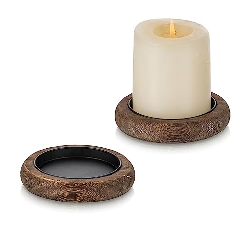 Romadedi Wood Candle Holder Farmhouse Decor - Pillar Candle Holders for Table Centerpiece Small Tray Riser Set of 2 Round Wooden Plate Pedestal Stand for Coffee Table Home Living Room, Brown - color: Brown