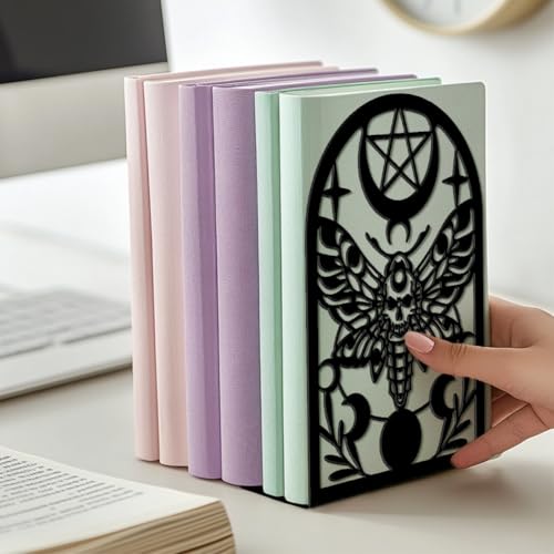 Peacoblue Metal Bookends for Shelves, Modern Decorative Heavy Duty Study Book Ends Stoppers for Office, Desk, Shelf, Room 5.3"x4.3"x7.9" Cast Iron Simple Tall Bookends 1 Pair (Death Moth) - style: Death Moth
